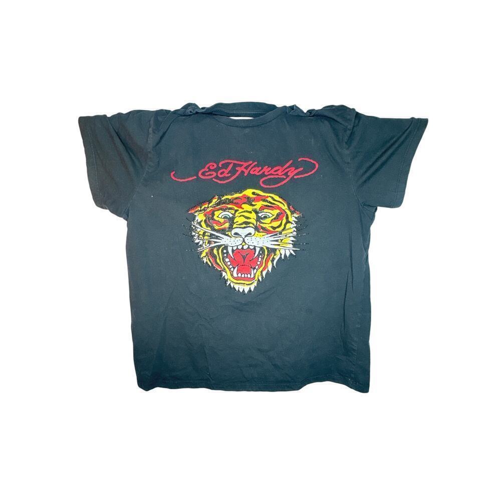 Ed Hardy Women’s L Black Graphic Tee Tiger Head Red Script Y2K Vintage Style